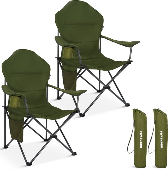 Twee groene opvouwbare campingstoelen en twee draagtassen.