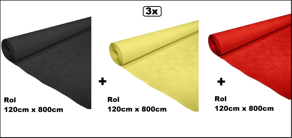 3x Tafelrol tafelkleed zwart/geel/rood 120cm x 800cm papier - totaal 24 meter - Party diner Belgie food festival eten fun thema feest Duitslandparty
