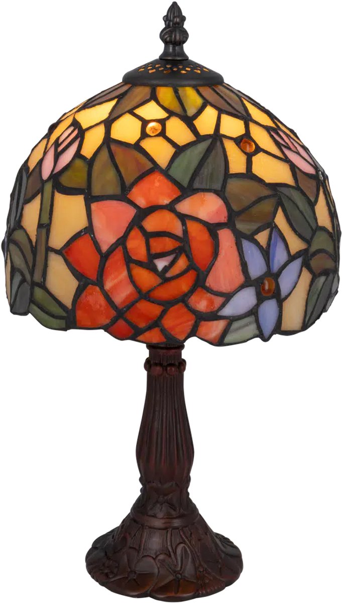 Tiffany tafellamp roos - Crème-rood-groen-blauw - Ø 20 cm - Glas in lood - Warm licht - Bloemmotief | RORUVERA