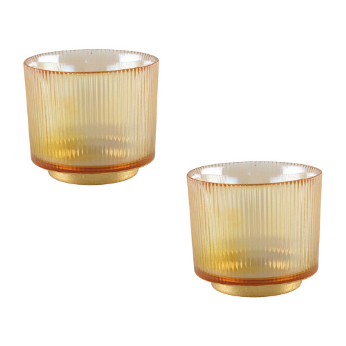 Aulica Set Amber rib waxinelichtjeshouder - 10x10x10cm - Goud - Set 2 stuks