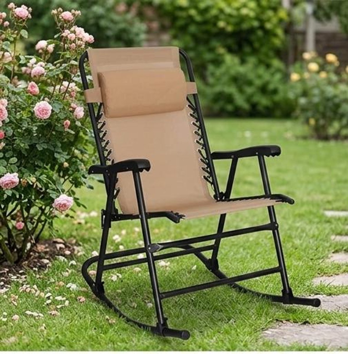 Opvouwbare Schommelstoel 94x64x99,5 cm – Ergonomische Tuinstoel met Hoofdsteun, Armleuningen, Textileen Mesh, Inklapbaar & Draagbaar, Beige – Urbanhome