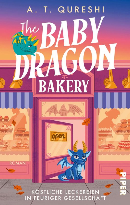 Boekomslag van 'The Baby Dragon Bakery' met een schattige blauwe draak die bij de deur zit, met in de etalage gebakjes.