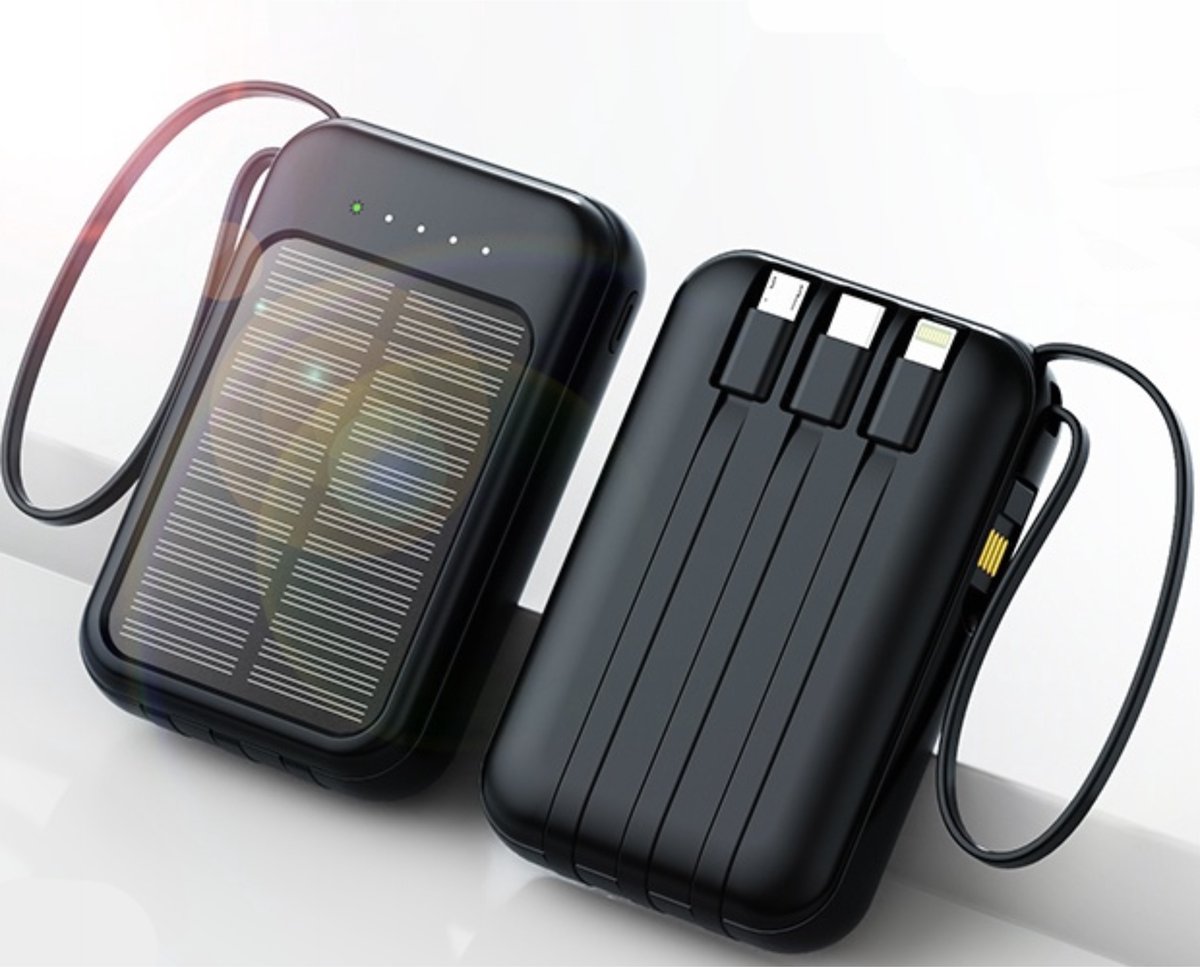 Powerbank 20.000 mAh – Inclusief 3 Kabels – Oplaadbaar via Zonne-energie en USB – Compact formaat – Met Hangkoord – Zaklamp – Noodpakket – Zwart