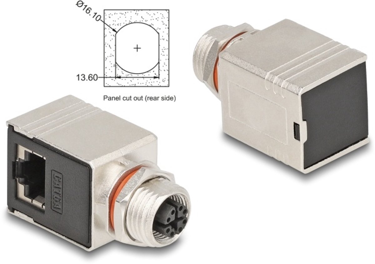 Delock M12 Adapter X-coded 8 pin female to RJ45 jack Cat.6A STP shielded 90° angled