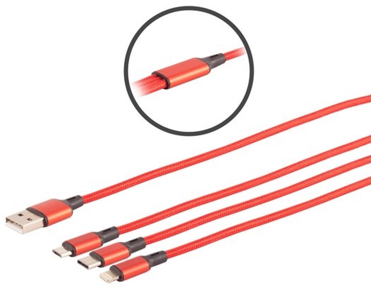 USB 3in1 Ladekabel A Stecker auf USB Micro B + USB Typ C + 8-pin Stecker, rot, 1,2m