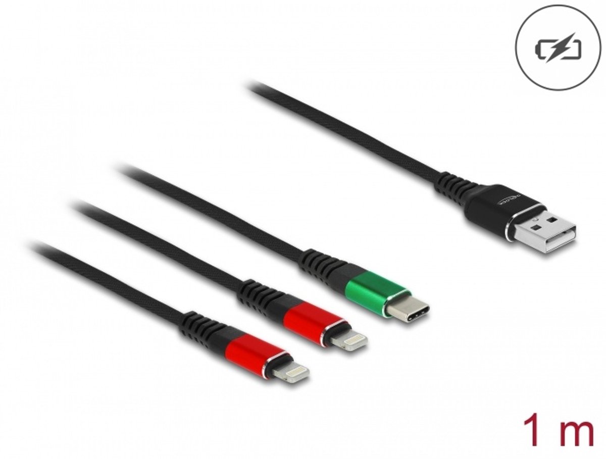 USB oplaadkabel 3 in 1 Type A tot 2 x Lightning / USB Type C 1 M