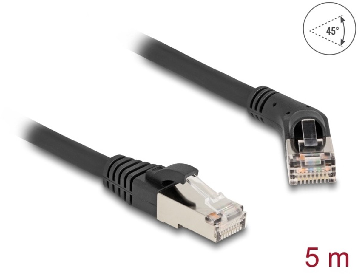 Delock RJ45 Network Cable Cat.6A S/FTP plug 45° right angled to plug straight 5 m black