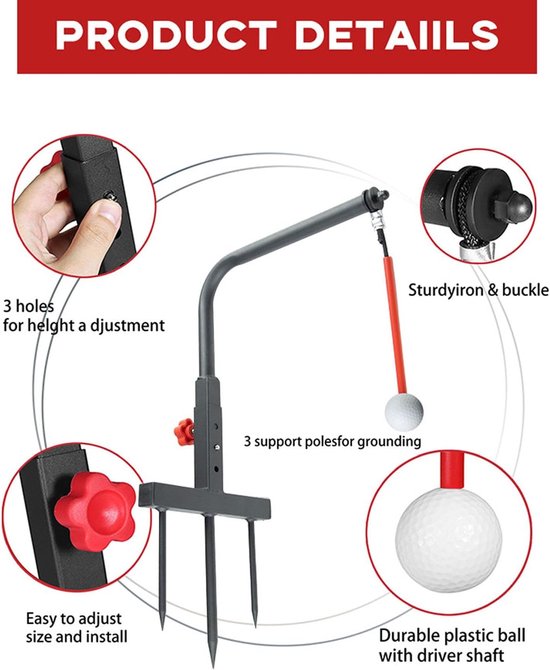 Swingtrainer - Trainingshulpmiddel - Sport Oefenen - Automatische Balteruggave - 3 Hoogte-instellingen - Rood — afbeelding 4