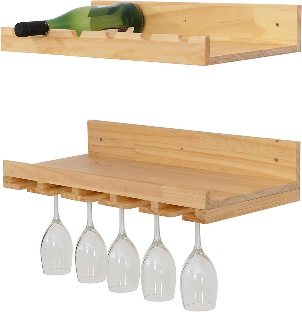 Wijnrek Set - Wandbar Houders - Wijn Opslag - Ruimtebesparend Design - 61 x 28 cm - Naturel
