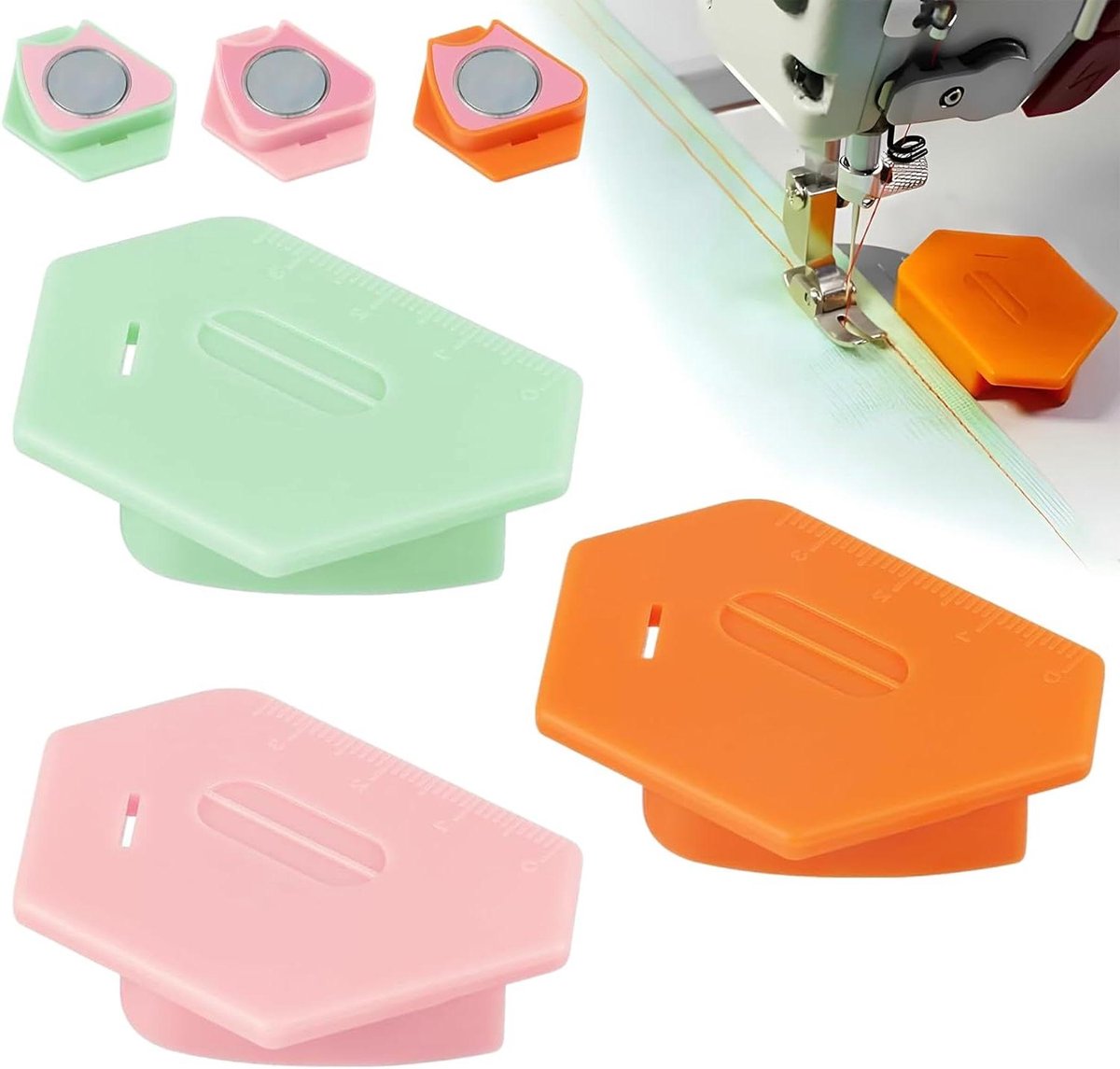 Magnetische Naadgeleiders - Zoomhulp Naaimachine - Nauwkeurig Naaien - Sterke Magneet - 3 Stuks - Oranje Roze Groen
