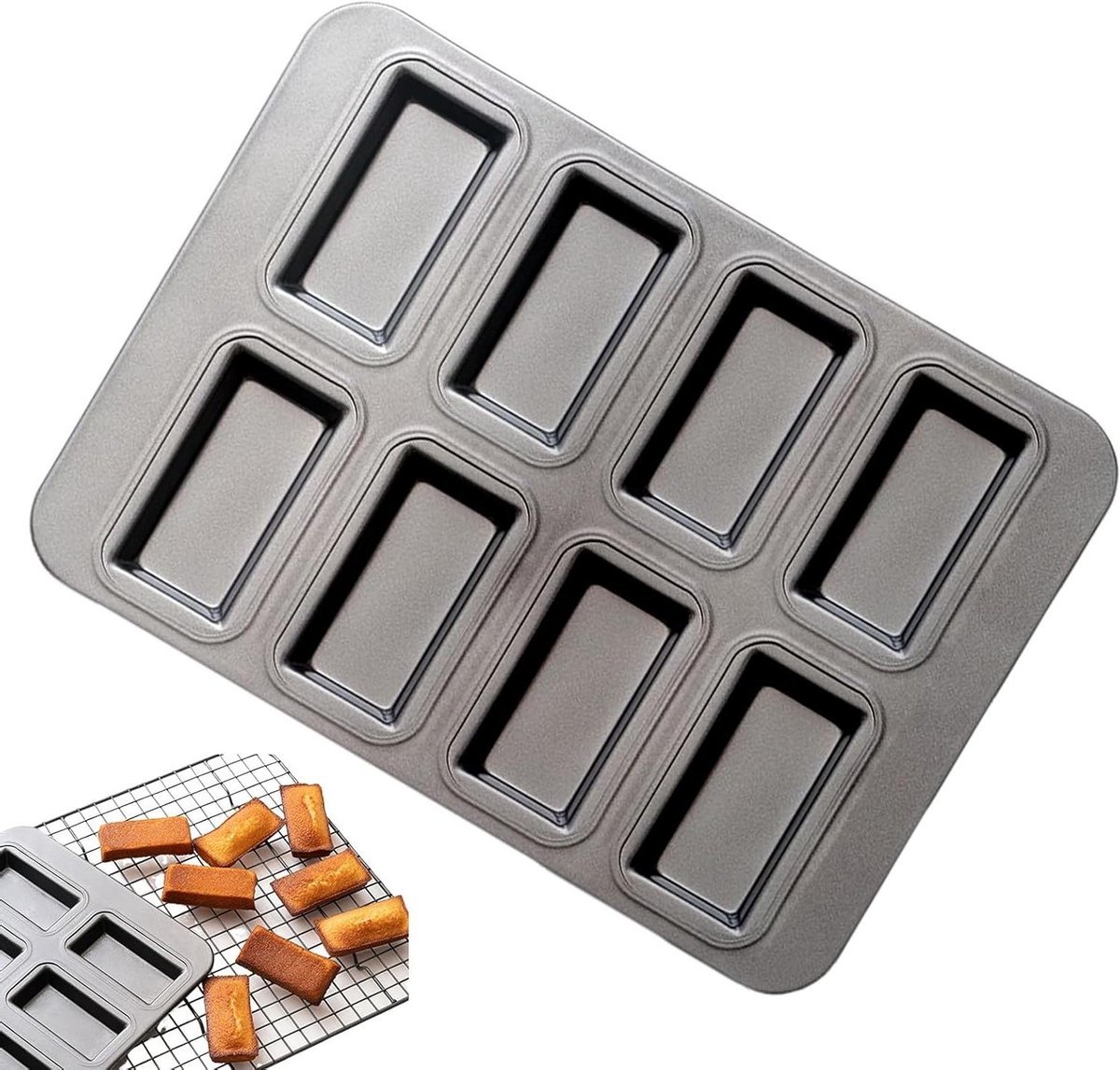 Financier Bakvorm - Cake Pan - Thuis Bakken - Gelijkmatige Warmteverdeling - 8 Stuks - Zwart