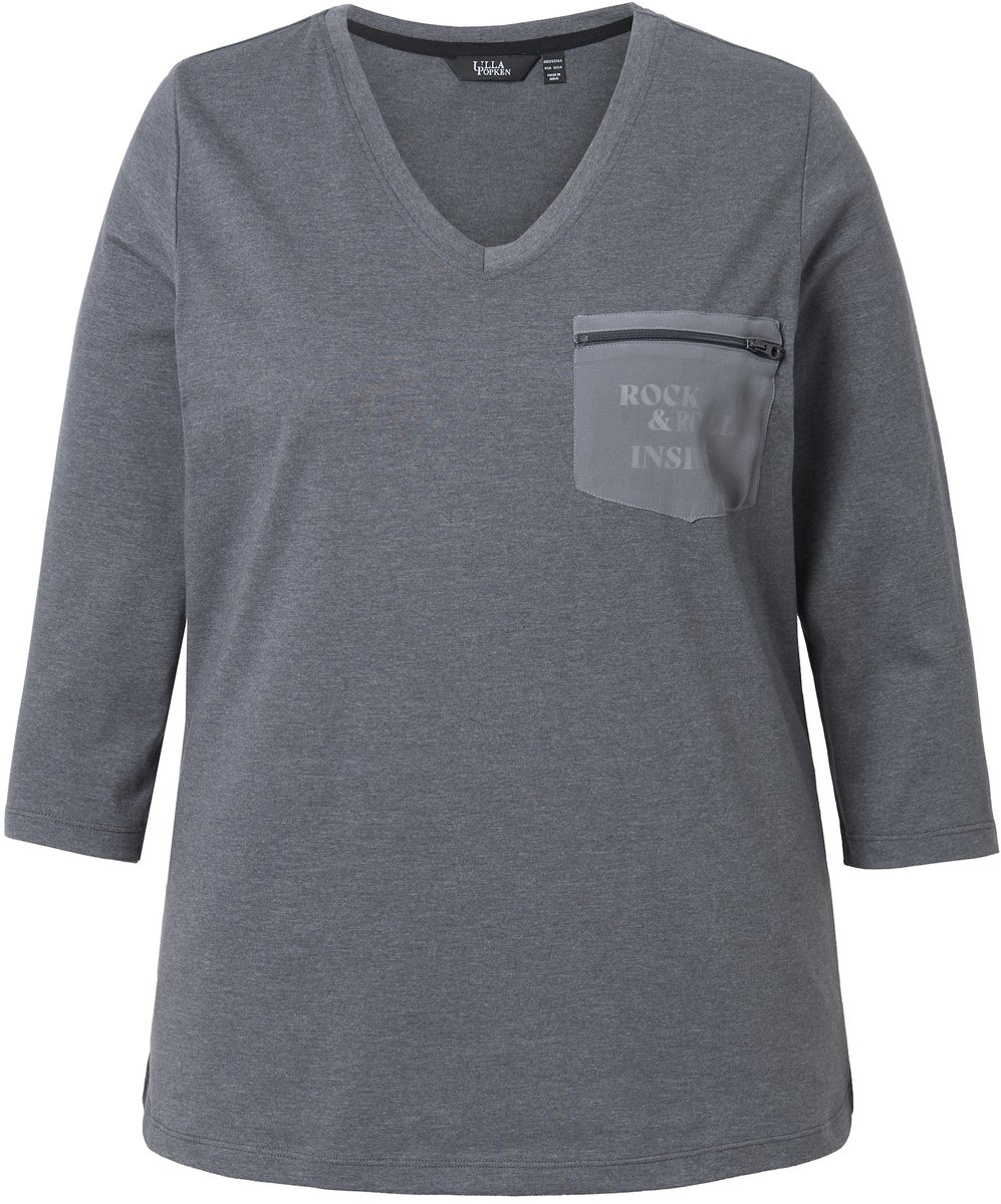 Ulla Popken - Dames - Shirt borstzak met rits classic V-hals 3/4-mouw - Grafietgrijs - Maat 62+