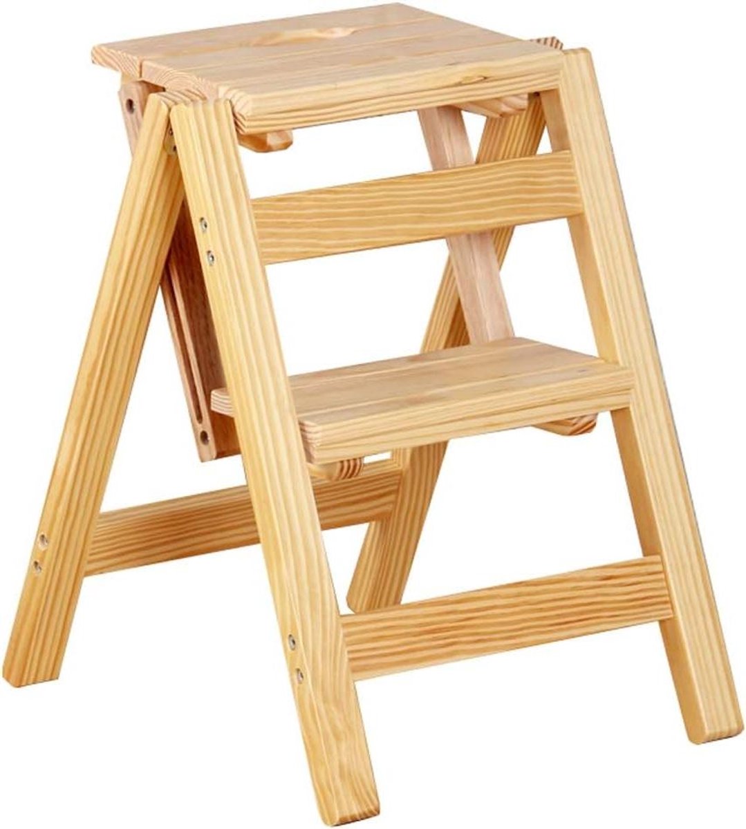 Houten Opstapje - Kruk Ladder - Huishoudelijke Klusjes - 3-in-1 Functie - 2 Treden - Natuurlijk