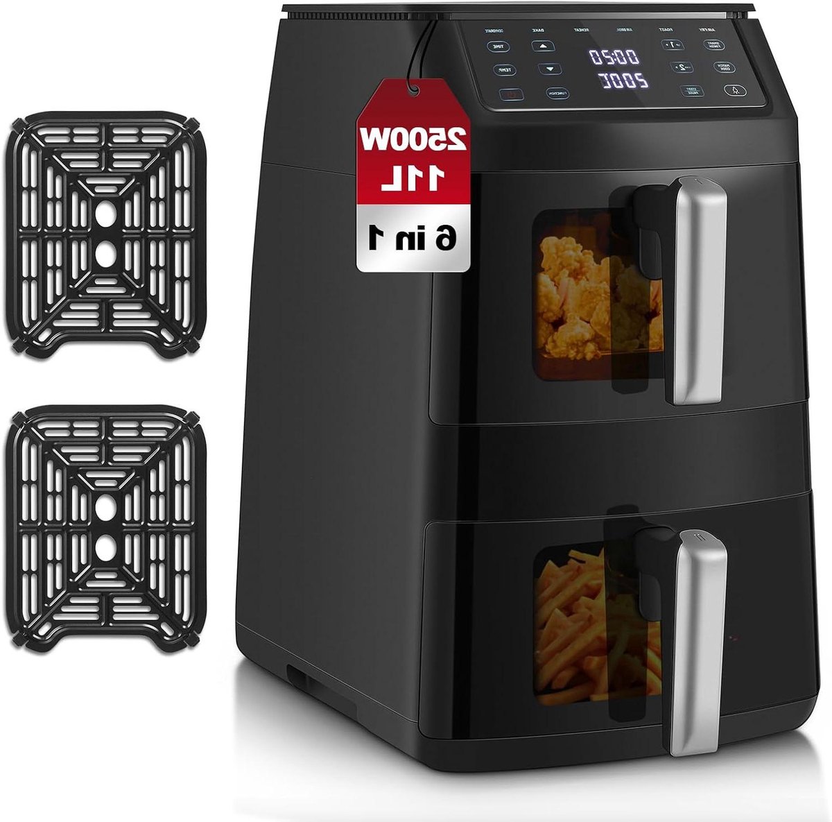 Heteluchtfriteuse - Dubbele mand - Gezond koken - Dubbele zone flexibiliteit - 11 liter capaciteit - Zwart