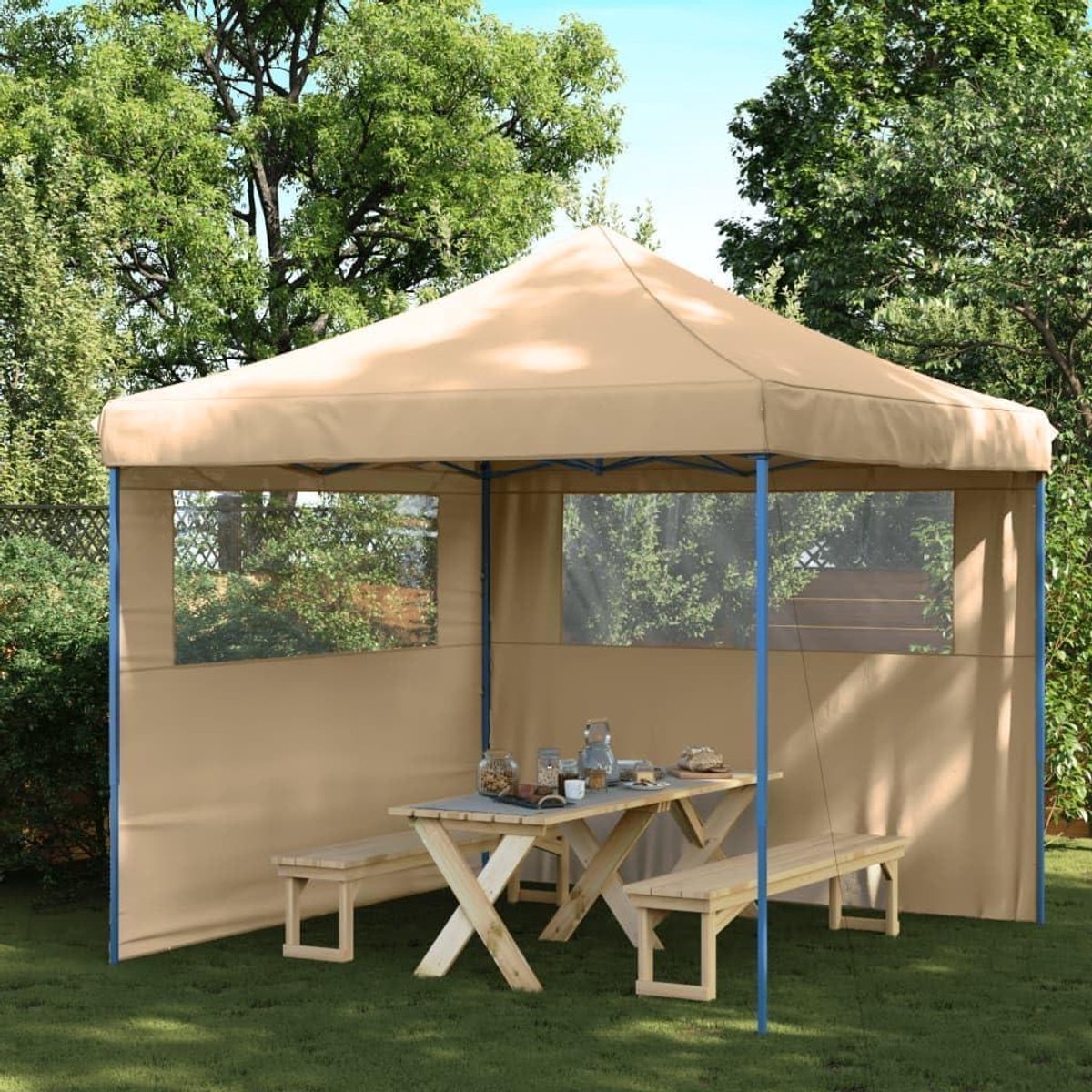 Partytent Opvouwbaar - Pop-up Paviljoen - Buitenfeest Organiseren - Inclusief Zijpanelen - 3x3 Meter - Beige