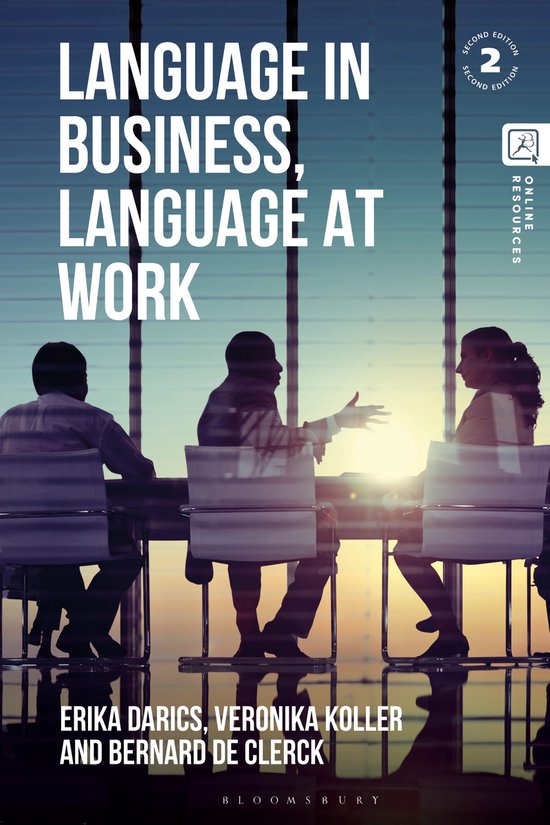 Boek 'Language in Business, Language at Work', tweede editie, met een afbeelding van drie zakelijke personen in een vergaderruimte.