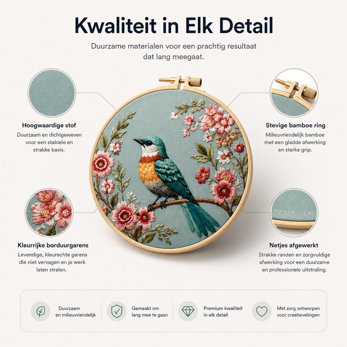 BOTC Borduurpakket - Borduurset van 4 - Borduurpakketten voor Volwassenen - Hobby en Creatief - Borduren- Chinese stijl vogelbloem — afbeelding 3