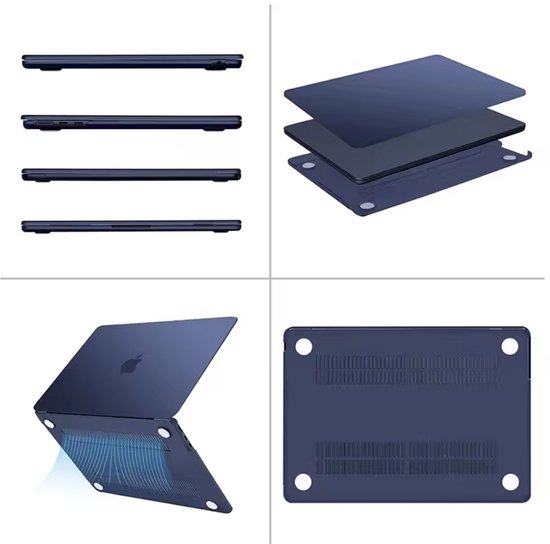 Collage met een donkerblauwe MacBook-hoes: profielaanzichten, twee delen, een laptop geopend met ventilatie en een onderkant.
