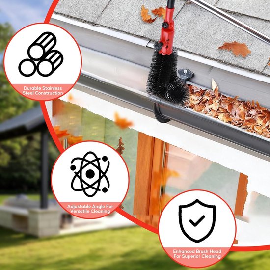 Dakgootreiniger Telescoopsteel - Gootborstel Set - Bladeren Verwijderen - Verstelbare Hoek - 4 Meter - Rood — afbeelding 2