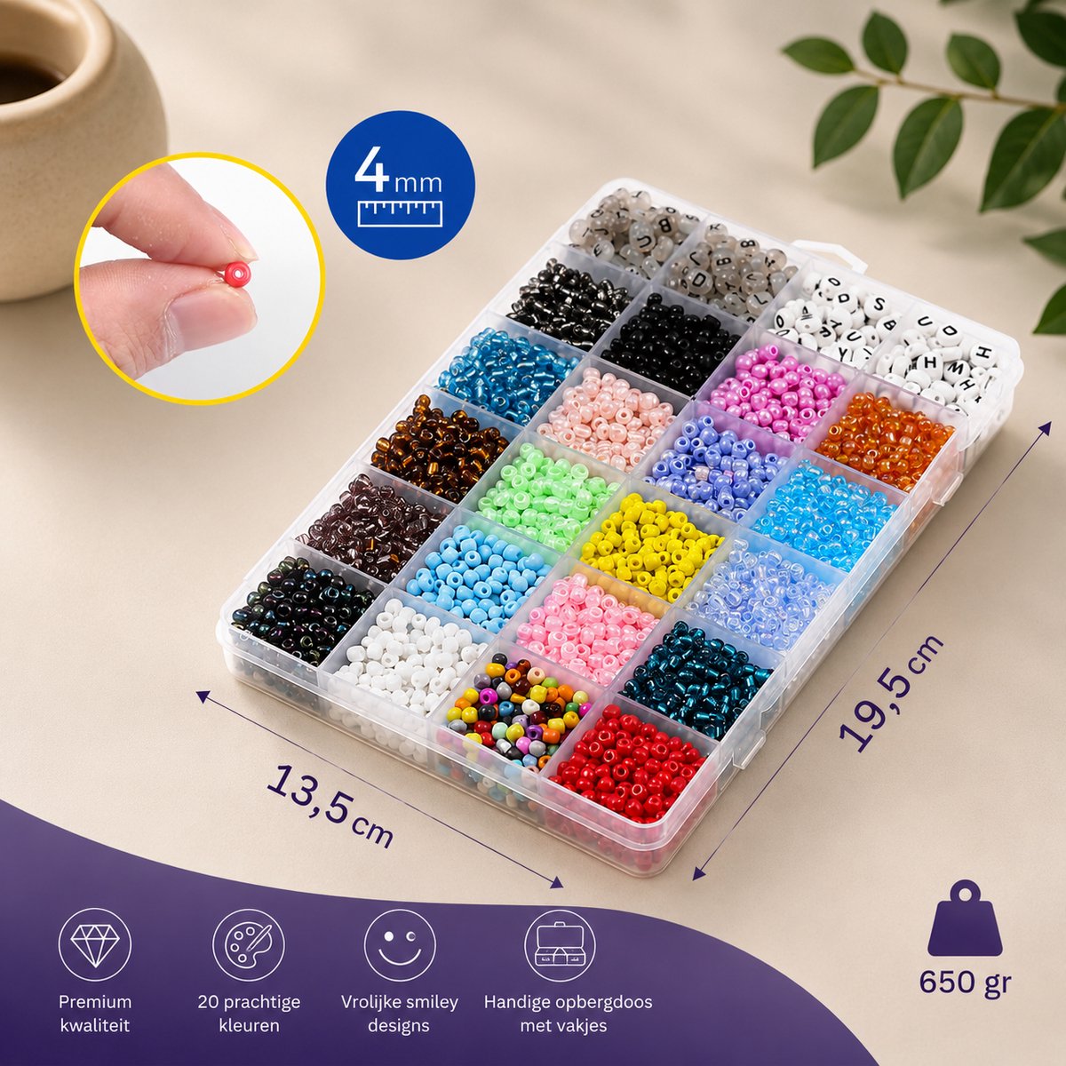 Behave Glaskralen & Smiley Set Deluxe — 7.512 Kralen — Glaskralen 4 mm + Smileys 7 mm + Rijgdraad — afbeelding 6