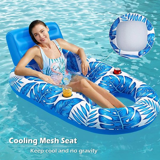 Zwembad Lounger - Opblaasbare stoel - Water Ontspanning - Ingebouwde bekerhouder - 160 cm - Blauw — afbeelding 3