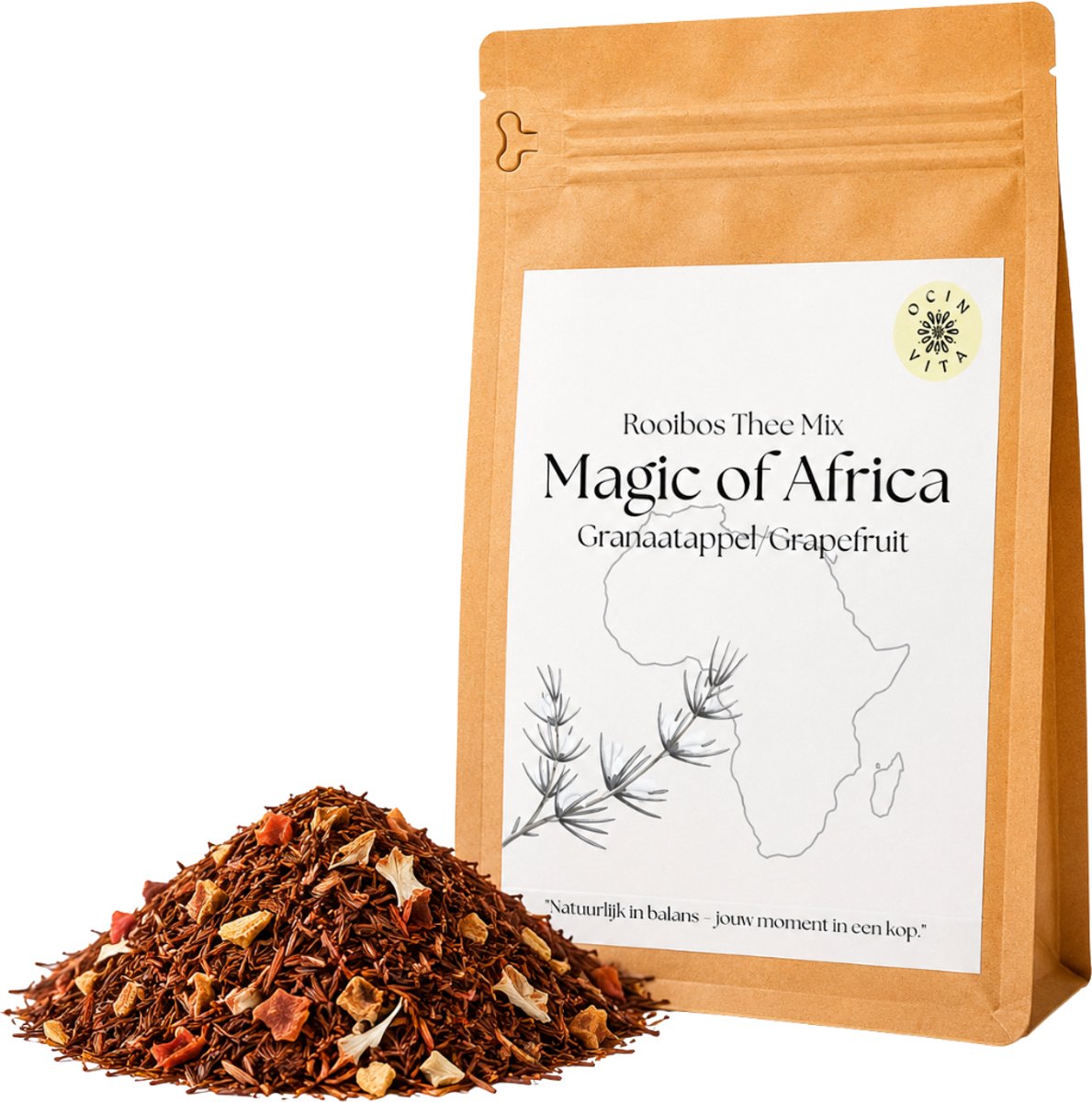 Rooibos Thee Melange Magic of Africa 100g – Cafeïnevrije Rooibos met Grapefruit & Granaatappel – Fruitige Citrusblend – Losse Thee – Ocin Vita
