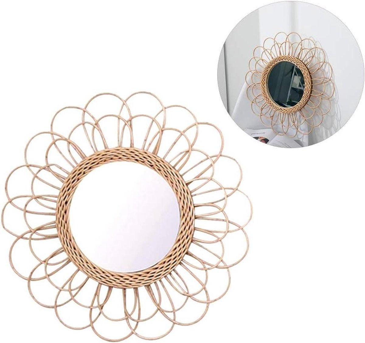 Wandspiegel Rond - Decoratieve Spiegel - Make-up Aanbrengen - Zonnebloem Design - 40 cm - Naturel