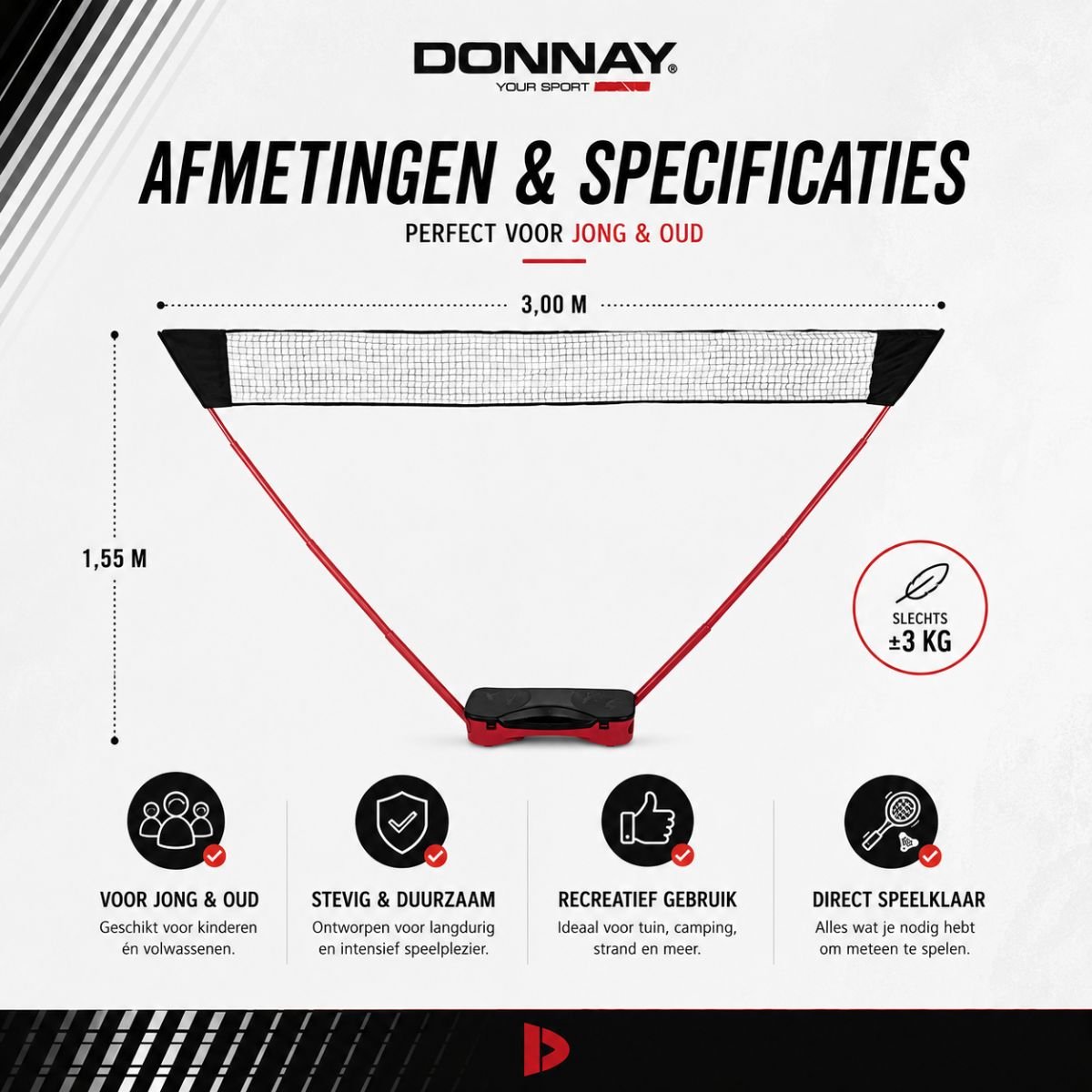 Donnay Badmintonset - Badminton Complete Set Voor 2 Personen - Inclusief Badminton Shuttles, Badmintonrackets en Badmintonnet - Met Handige Badmintontas - Badminton Racket in Zwart/Rood — afbeelding 8