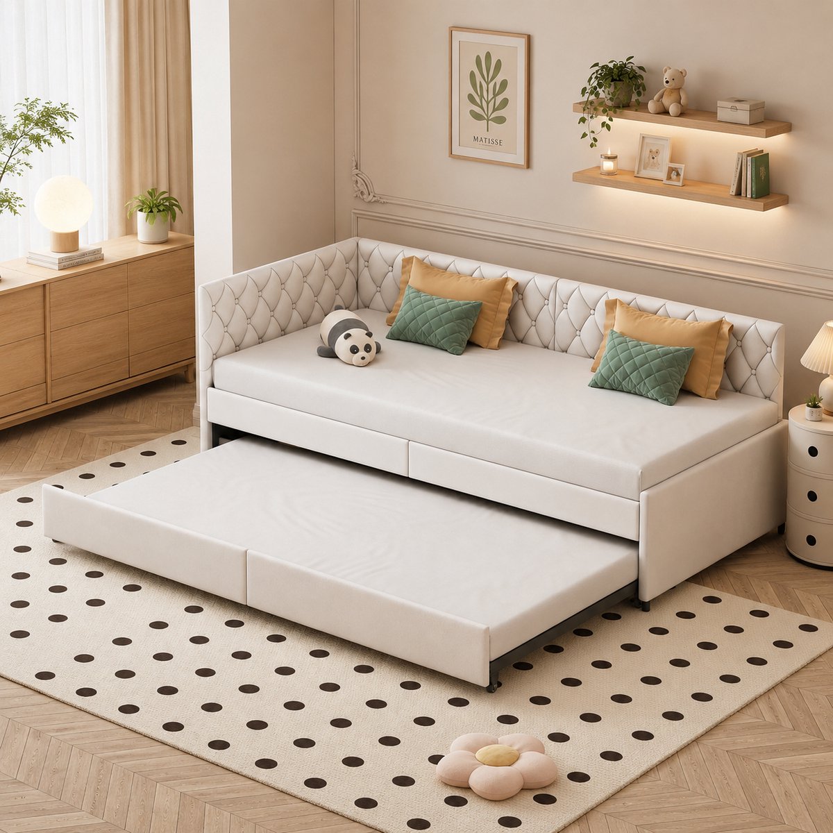 MEXUS Tweepersoonsbed, 90 x 200 cm, uitschuifbare slaapbank, slaapbank, uittrekbaar bed, 2 eenpersoonsbedden, lattenbodem, Flanellen Stof, Beige (klassiek crème)