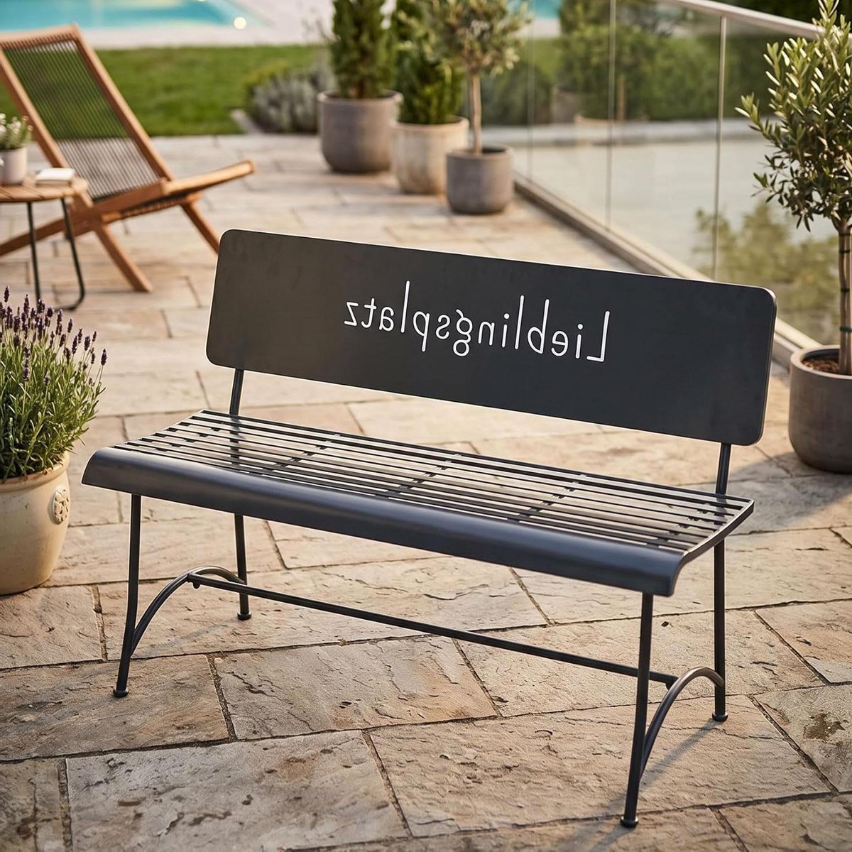 Tuinbank Metaal - Zitbank Outdoor - Genieten Buiten - Met Opschrift Lieblingsplatz - 115 cm Breed - Zwart