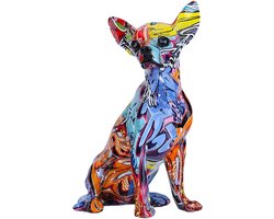 Hondenbeeldje Chihuahua - Huisdecoratie Hars - Woonkamer Decoratie - Handgeschilderd Graffiti Design - 17.5 x 12.7 x 25.5 cm - Multikleurig