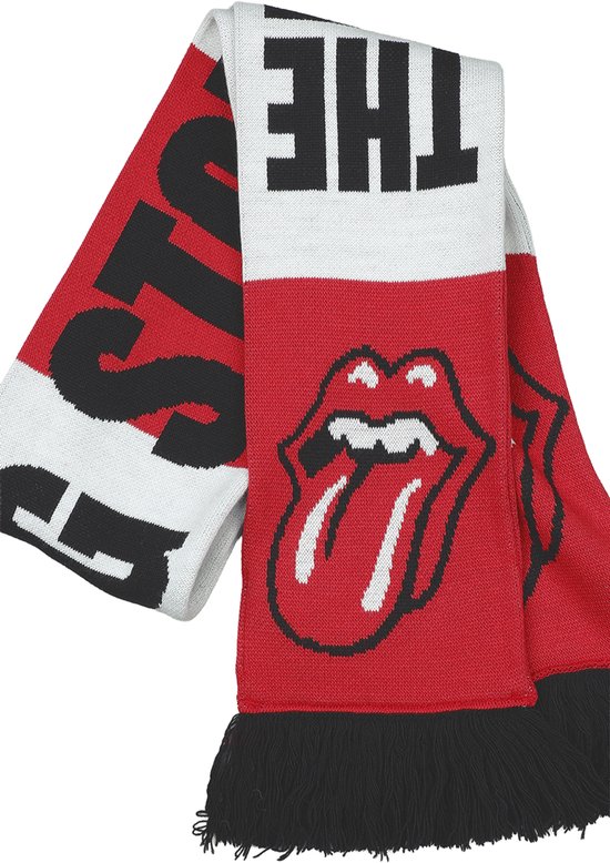 Rood, wit en zwart gebreide sjaal met 'THE ROLLING STONES' en iconische rode tong. Zwarte franjes.
