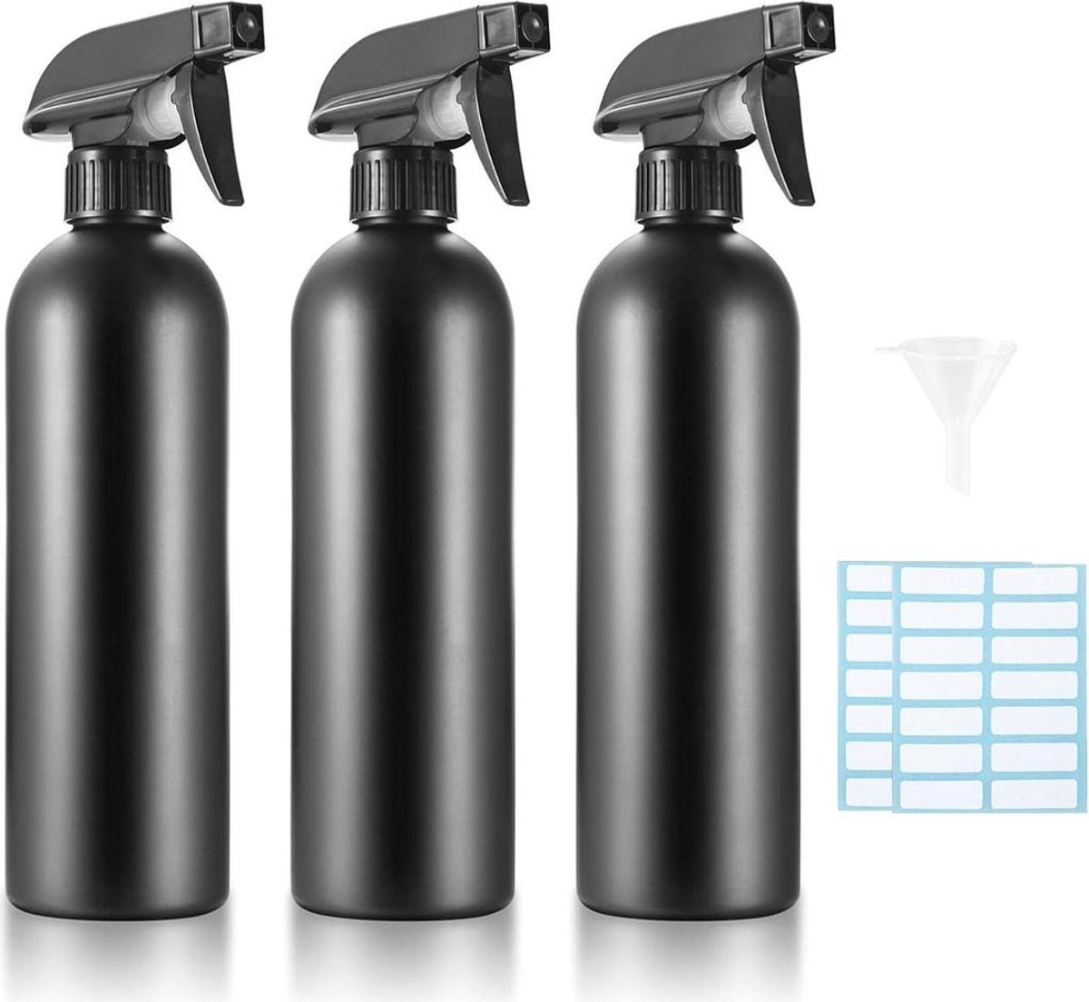 Sprayflessenset, 500 ml, 3-delige set, zwart, met verstuiver en pompkop.