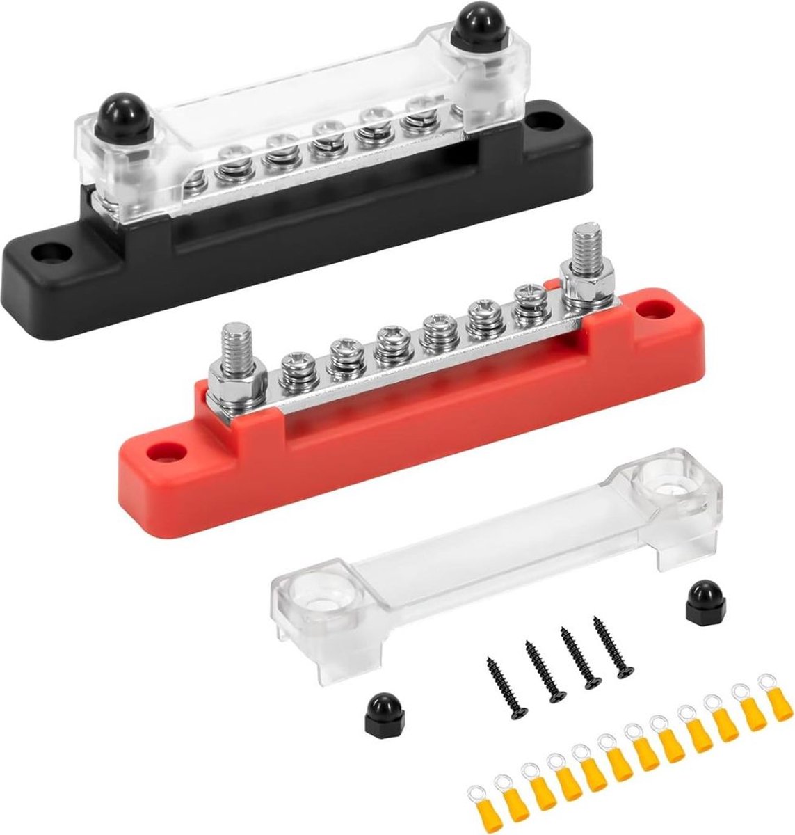 12V-48V DC busschakelblok, 150A, 6×M4-aansluitingen, Geschikt voor auto's, vrachtwagens, jachten en schepen, rood en zwart, set van 2 stuks.