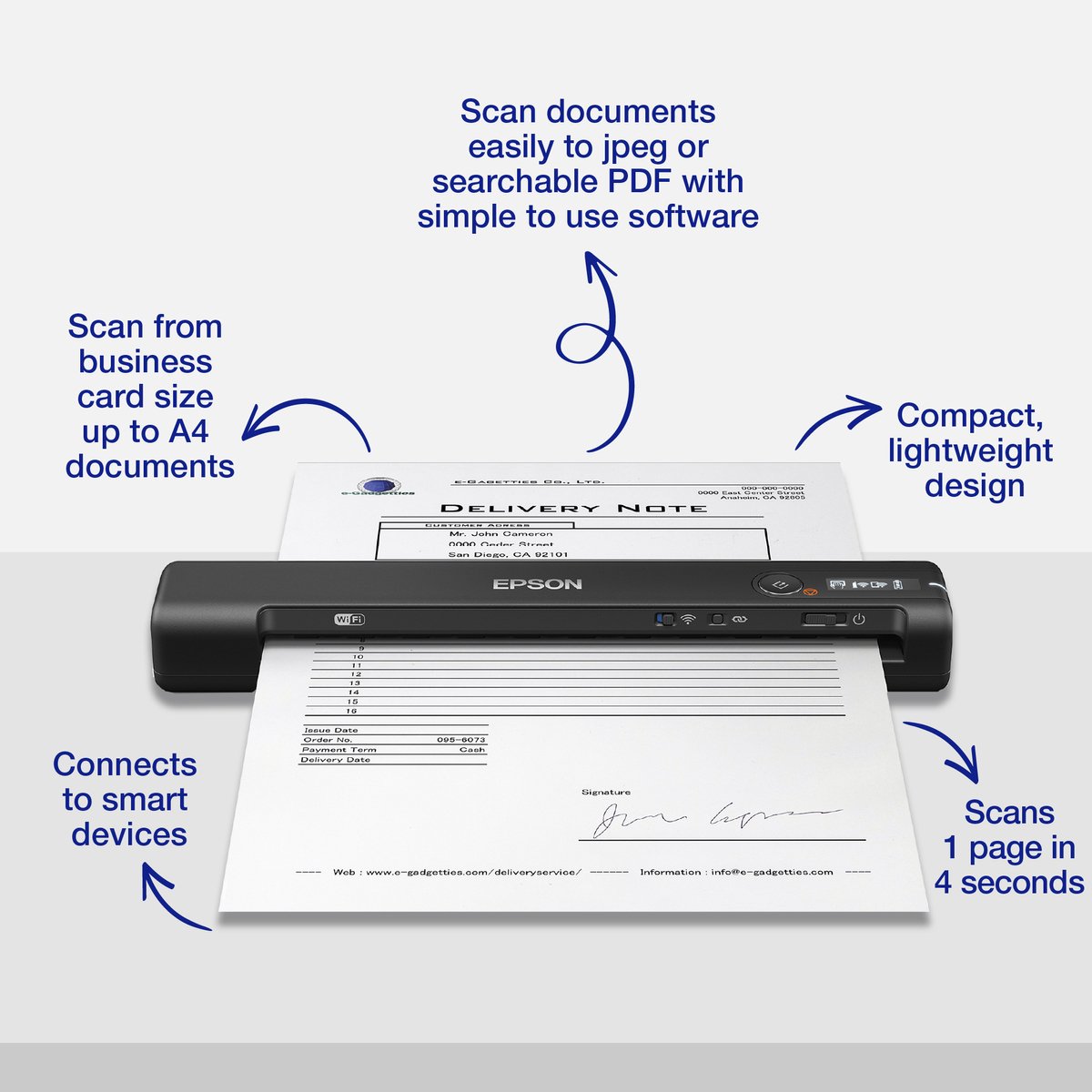 Epson WorkForce ES-60W - Mobiele Scanner - Met Wi-Fi - Zwart thumbnail 3