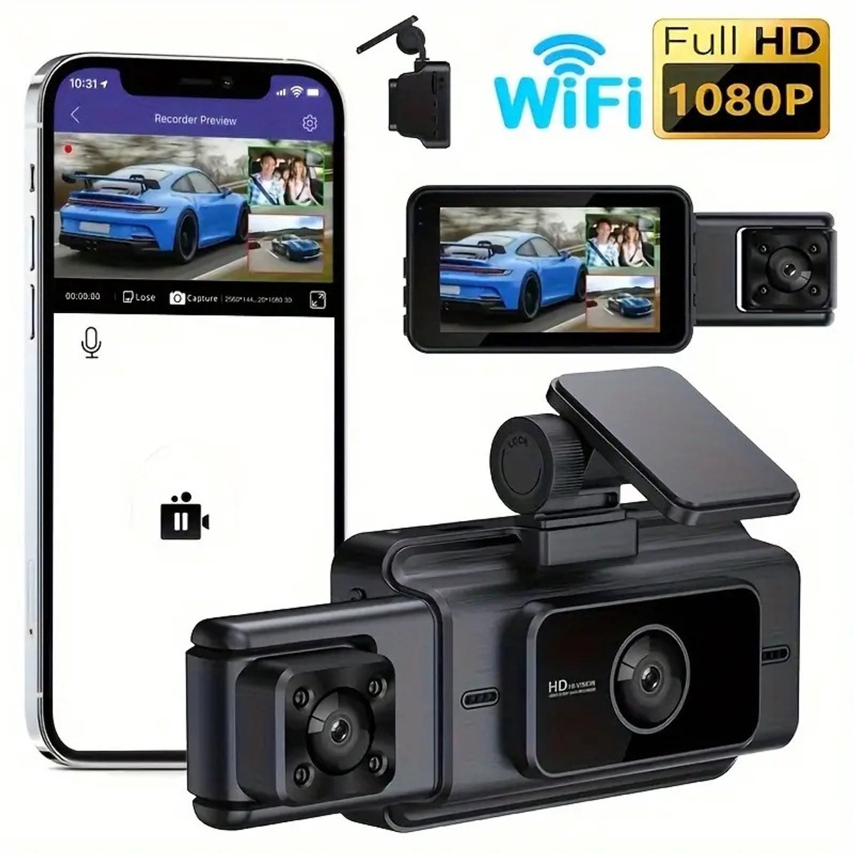 Dual Dashcam voor Auto - dubbele camera's voor en achter - uitgerust met een 32 GB SD-kaart - Full HD-beeldkwaliteit van 1920p + 1080p - 3,0-inch IPS-scherm met brede kijkhoek - 140° groothoeklens - 24-uurs parkeerbewakingsmodus, loopopnamefunctie