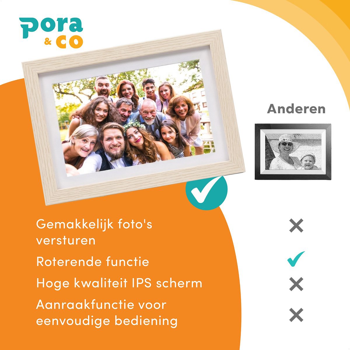 Pora&Co - Digitale fotolijst met WiFi en Frameo App – Fotokader - 10 inch – HD -IPS Display – Licht Bruin - Micro SD - Touchscreen thumbnail 4