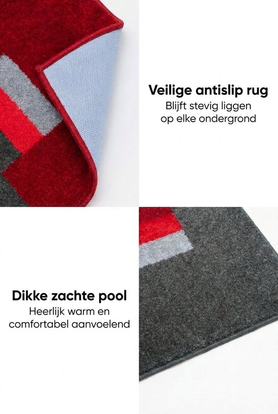 Badmat met rood, grijs en wit blokpatroon. De achterkant is antislip. Zachte pool.