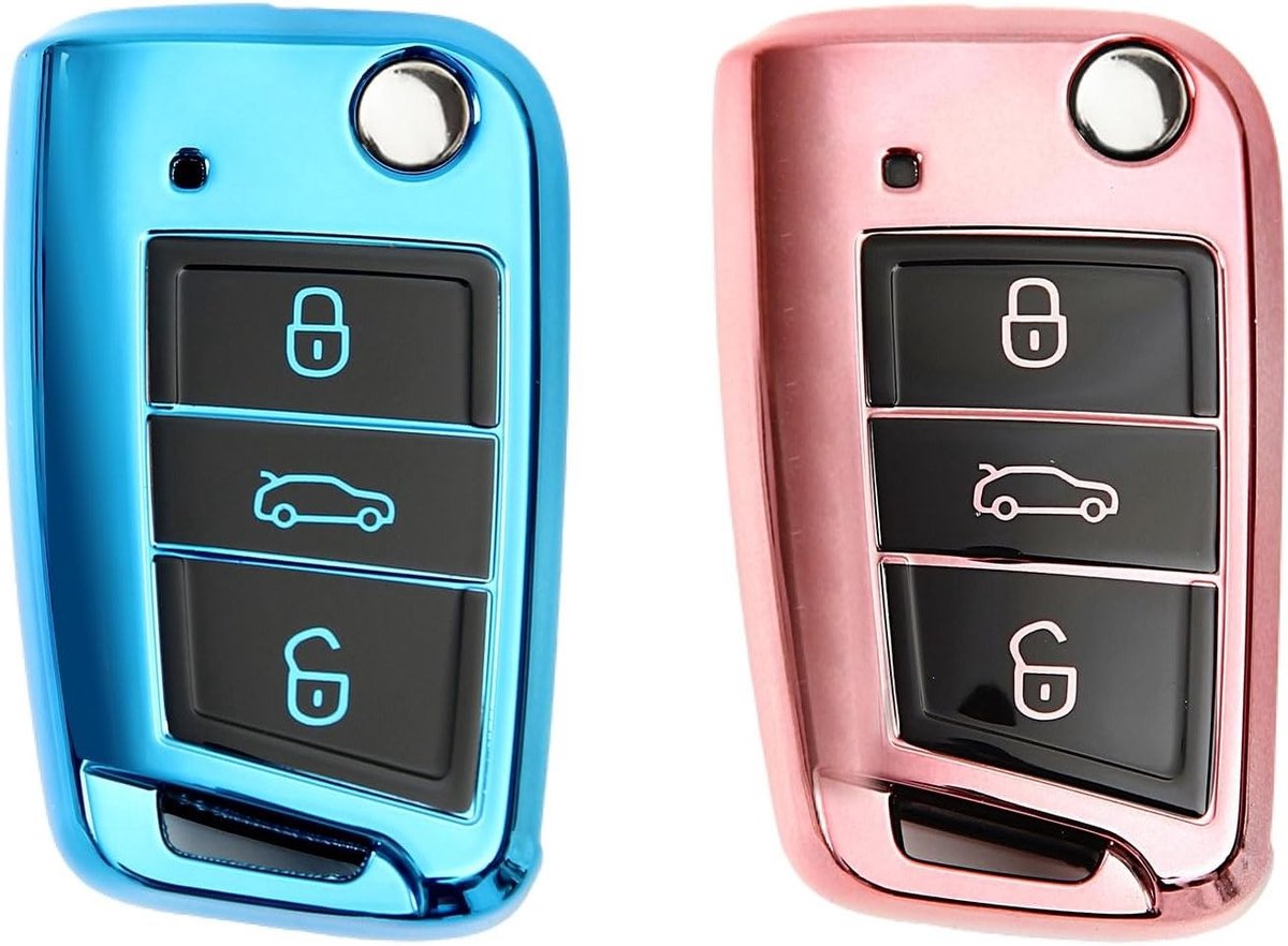Beschermende Sleutelhoes voor Auto, 2 Stuks, Sleutelbox, Geschikt voor VW Golf 7, Polo, Tiguan en Skoda, Luxe Roze Goud en Blauw