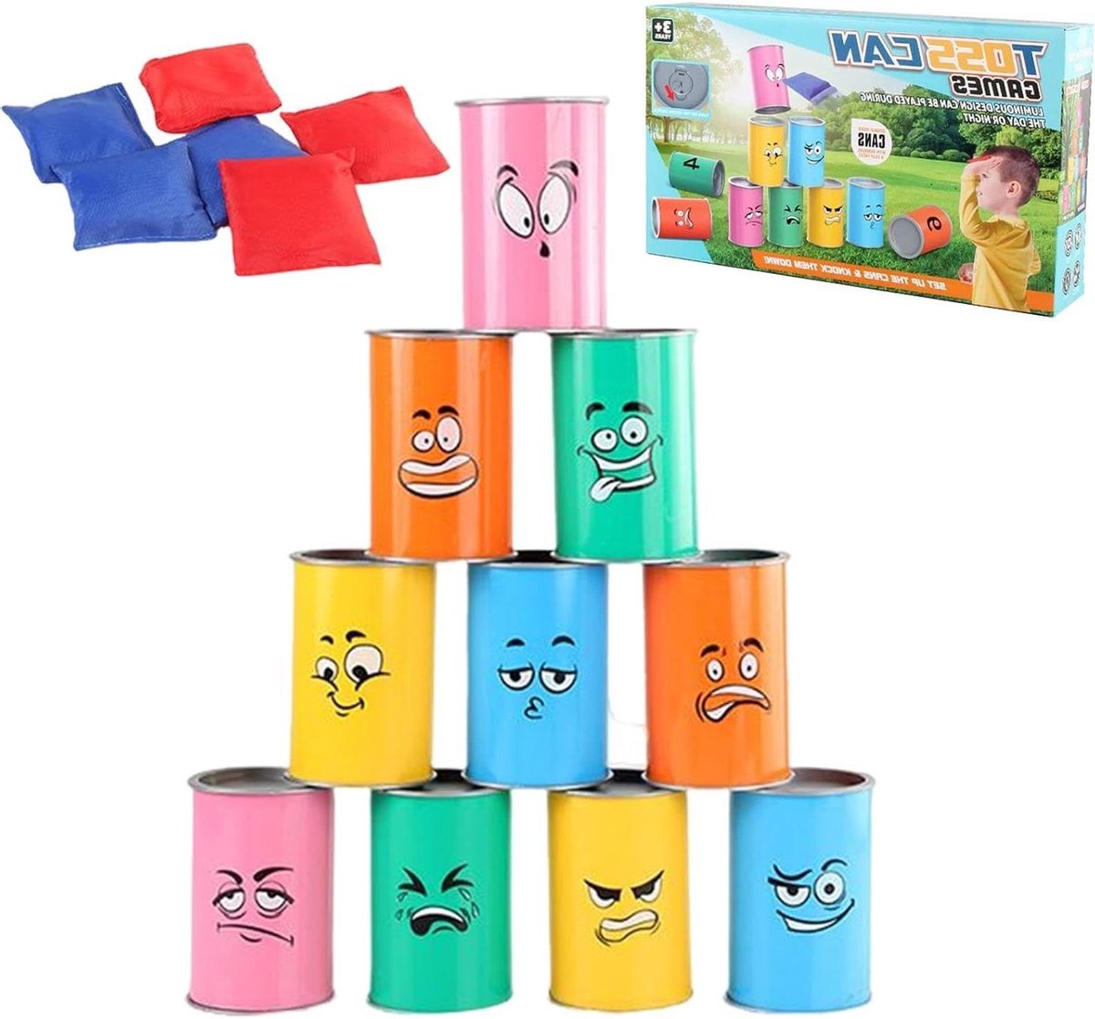 Blikwerpset 16-delig - Werpspel Zandzakken - Buitenfeest Spel - Interactief Plezier - 10 Blikjes 6 Zakken - Multicolor