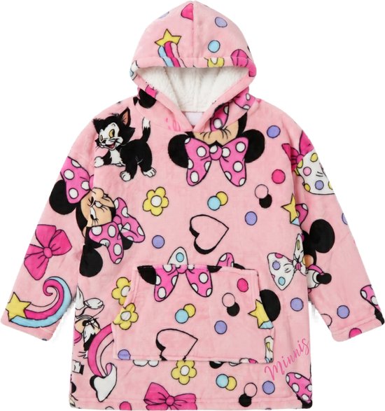 Roze Disney Minnie Mouse hoodie deken met stippen, sterren en hartjes patroon.