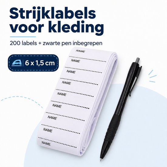 Een rol met strijkbare naamlabels van 6x1,5 cm en een zwarte pen.