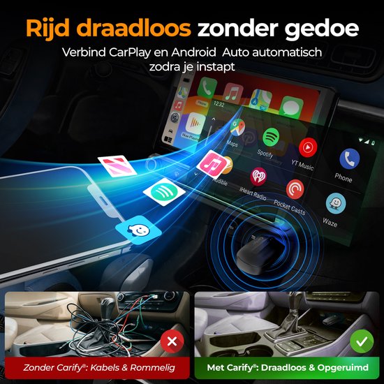 Vergelijking van een rommelige kabelverbinding met een nette, draadloze Carify-dongle en autoscherm met apps.