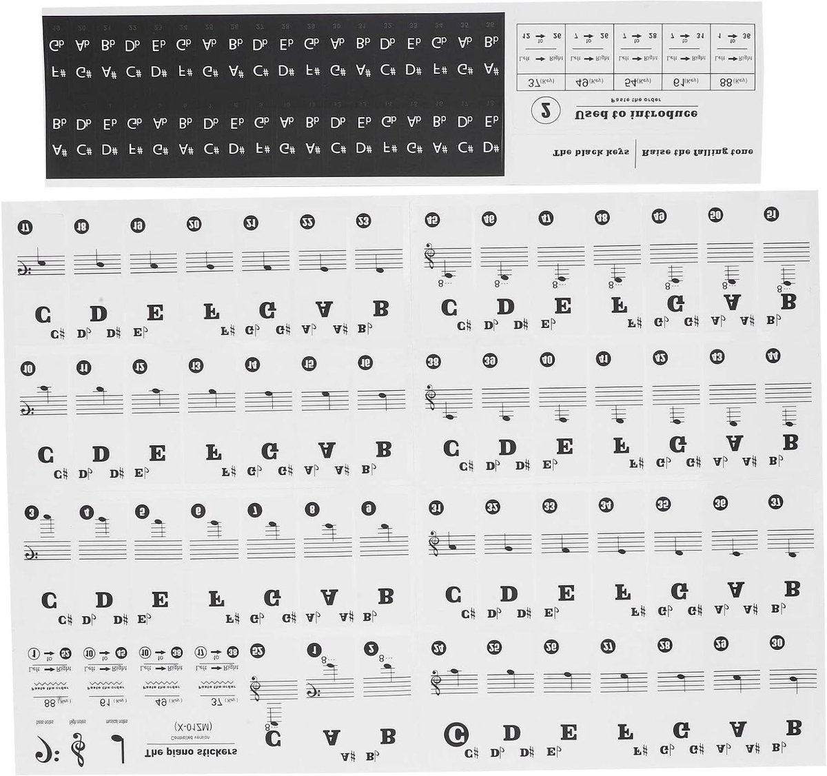 Pianosleutel Stickers - Toetsen Notatie - Muziek Leren - Universele Compatibiliteit - 88 Toetsen Set - Zwart