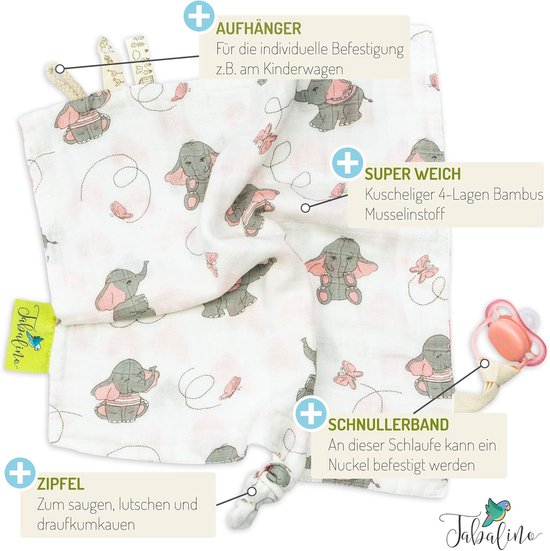 Baby Knuffeldoekje - Speendoekje Zachte Doek - Kroelen en Slapen - Met Speenlus - 30x30 cm - Roze Olifanten — afbeelding 4