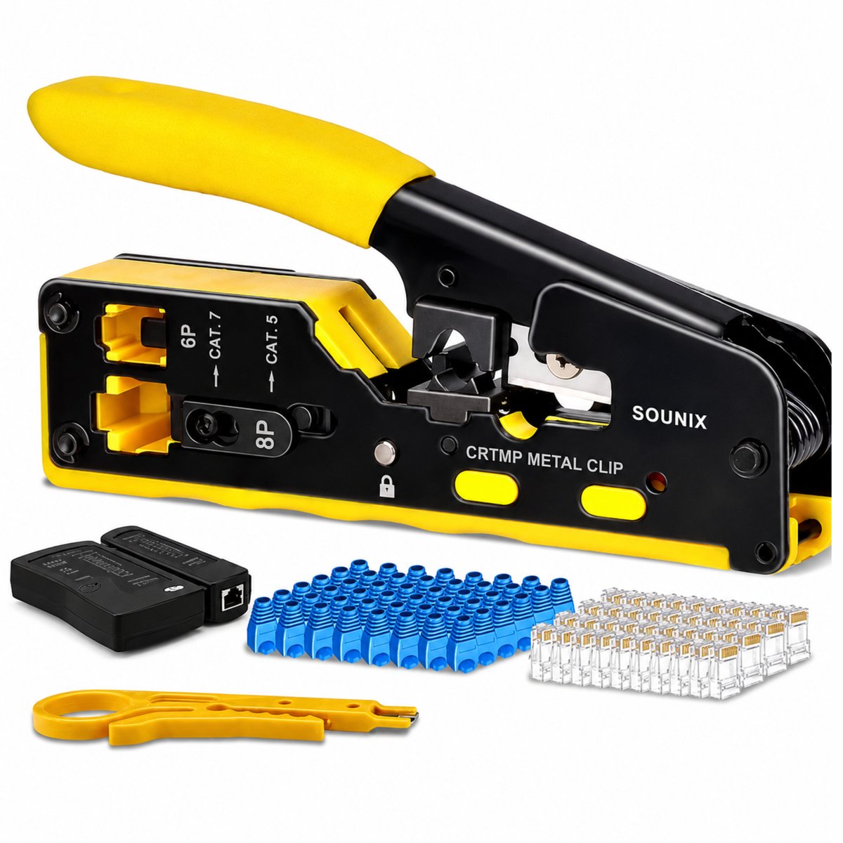 Sounix Netwerk Tester Set - Kabeltester voor CAT.5/CAT.6/CAT.7 - Krimptang - Stripper- UTP, FTP, STP RJ45, RJ11 Testers - Geel