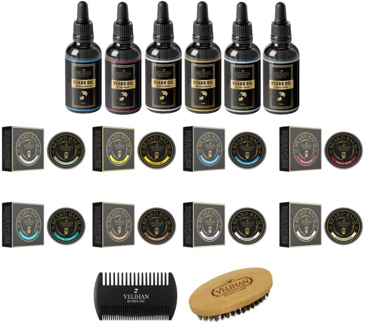 Velihan Beardcare - Baardolie en Baardbalsem Sample Box - 5 verschillende Baardoliën - 8 verschillende Baardbalsems - Baard verzorging - Baardborstel - Baardkam - Baardgroei - Baardverzorging mannen - Cadeau voor hem