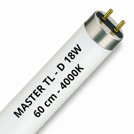 Een witte TL-buis met de tekst 'MASTER TL - D 18W 60 cm - 4000K'. Met gouden fitting.
