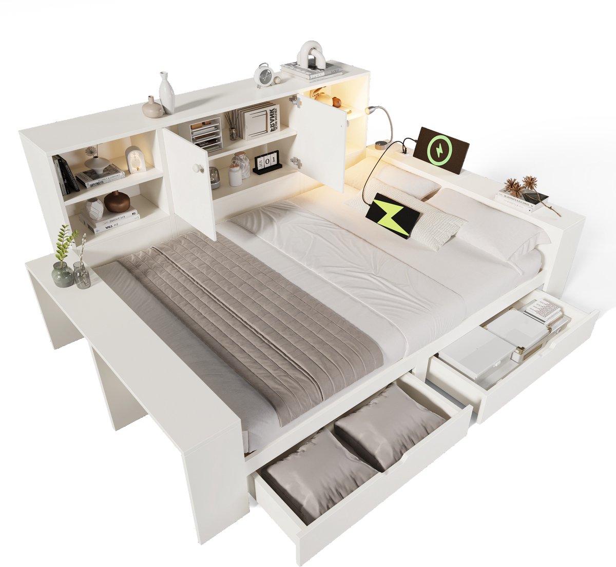 Merax Slaapbank 140x200 cm - met lade en opbergruimte - met USB/USB-C aansluiting - zonder matras - wit