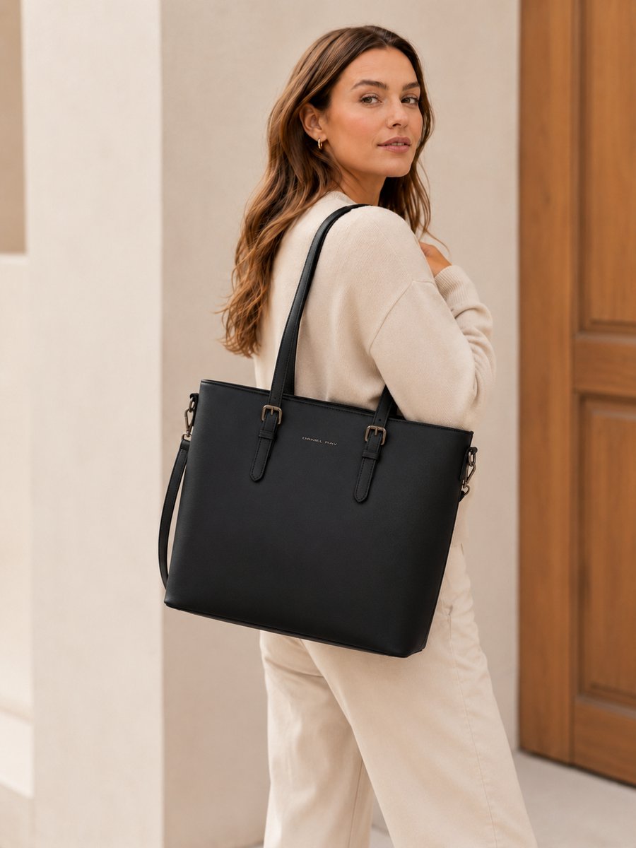 Daniel Ray Lithgow Stevige Handtas - Schoudertas Shopper 15,6 inch Laptopvak - Ideale Laptop Schooltas - Ruime Werk Tas - Tote Bag - Zwart